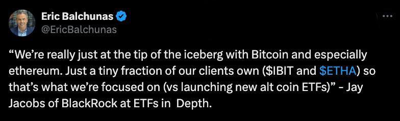 ⚡️ BlackRock מתמקדת בתעודות סל של ביטקוין ואיתריום, אין עדיין תוכניות Altcoin
