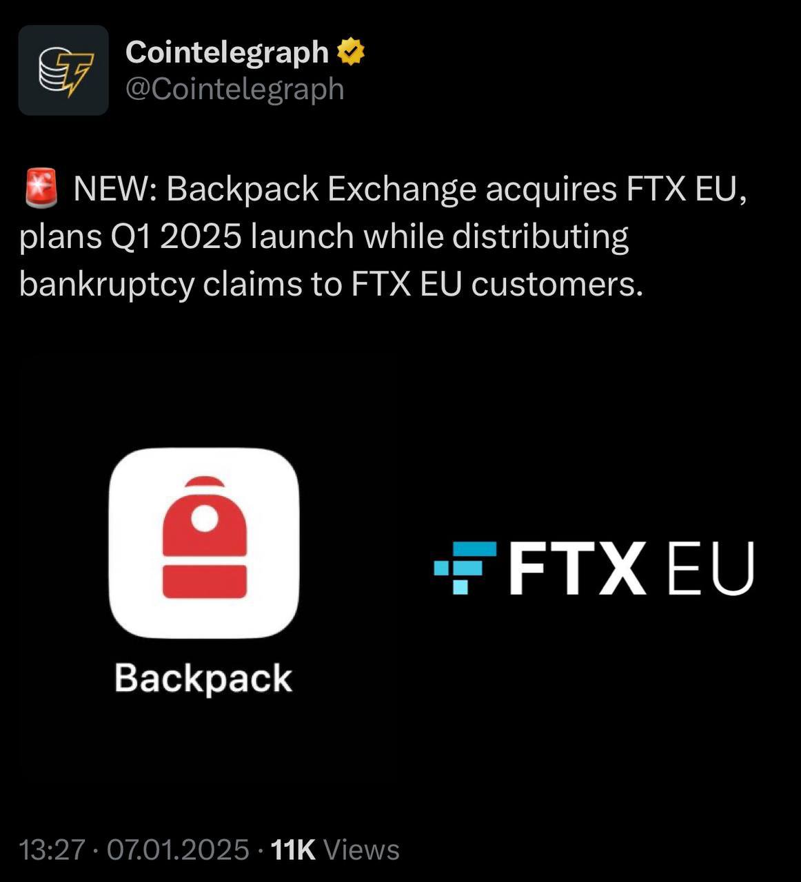 ⚠️ Backpack Exchange רוכשת את החטיבה האירופית של FTX.