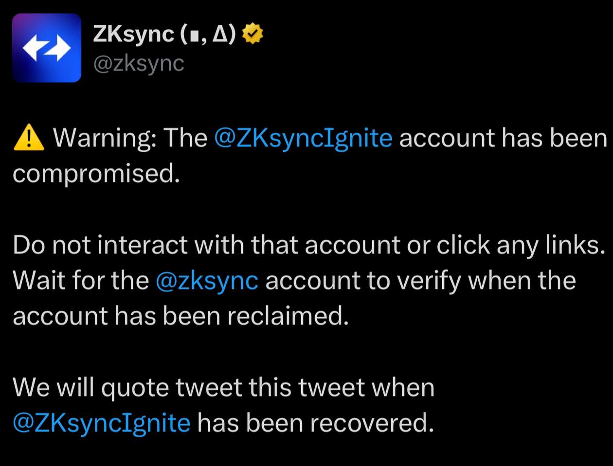 ⚠️ חשבון טוויטר ZKsync Ignite נפרץ