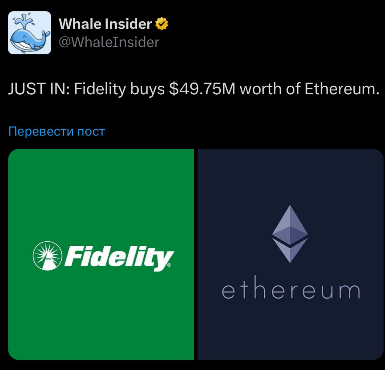 💵  Fidelity רכשה את Ethereum בשווי 49.75 מיליון דולר.