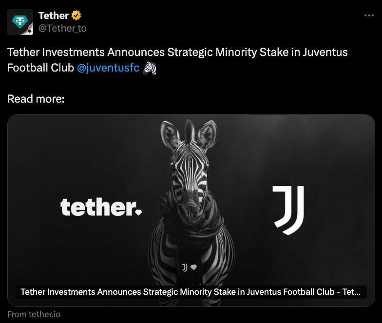 🇮🇹 Tether רכשה נתח מיעוט במועדון הכדורגל של יובנטוס.