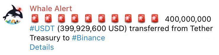 💵  400,000,000 USDT הועברו ל- Binance מ- Tether.