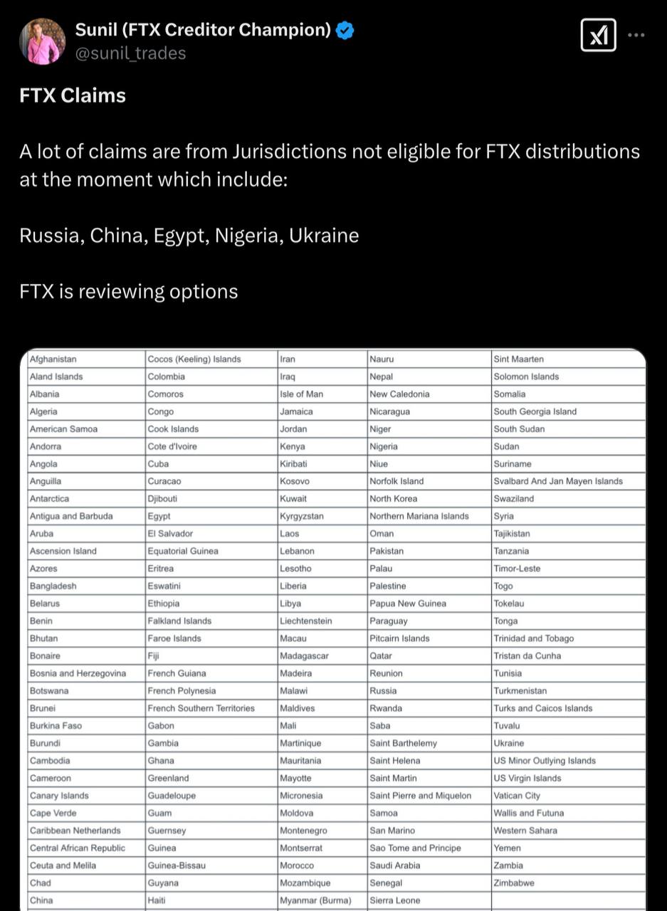👎  SUNIL: FTX לקוחות מרוסיה, סין, מצרים, ניגריה ואוקראינה לא יכולים לקבל כיום תשלומים מהחלפת פשיטת הרגל.