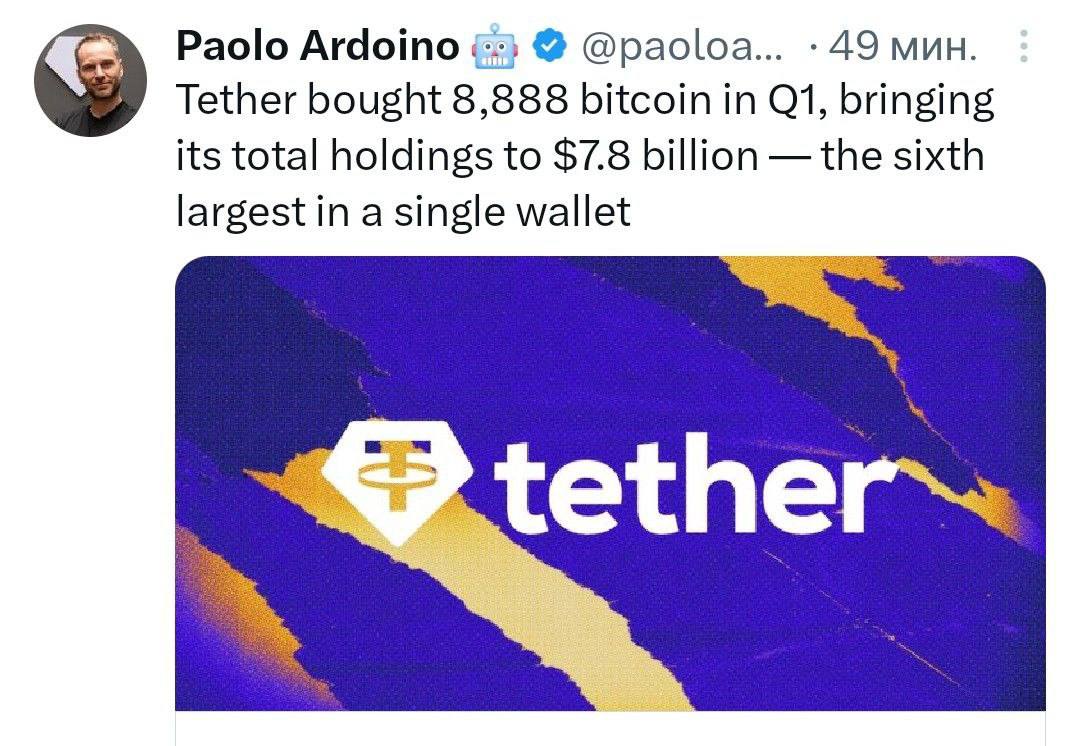 💵  ברבעון הראשון 2025, Tether רכשה 8,888 BTC, והעלאת שווי הדולר של התיק שלה ל -7.8 מיליארד דולר.