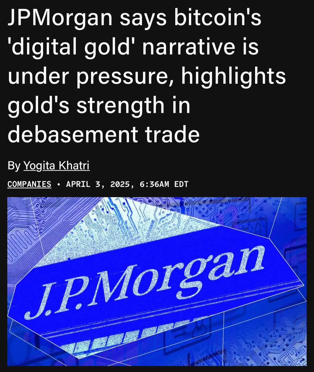 💰  אנליסטים של JPMorgan מאמינים כי ביטקוין מאבד את מעמדו כ"זהב דיגיטלי ".