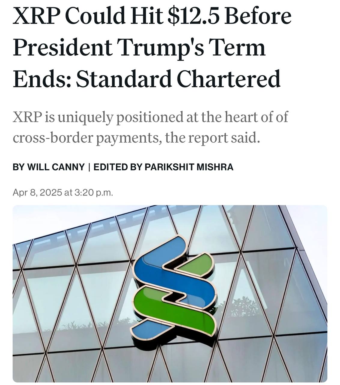 🔮  אנליסטים ב- Chartered Standard חוו ש- XRP יעלה ל 12.5 $ בסוף 2028.