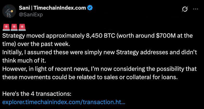 🧠  מייסד מדד Timechain מציע כי העברת 8,450 BTC (בשווי 700 מיליון דולר) עשויה לא רק להיות דשדוש ארנק, אלא מכירת ביטקוין למילוי או אבטחה חובות הלוואה.