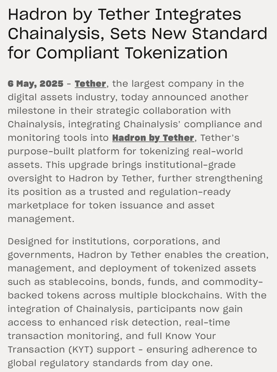 💵  Tether שילב כלי תאימות ומעקב אחר שרשרת להדרון.